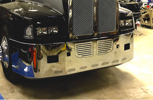 Bumper 22" Chrome Kenworth T600 (All Years) Aerodynamic, Grille Installed, Air Vent, Tow, Fog Lights & 9 Hidden Light Holes
