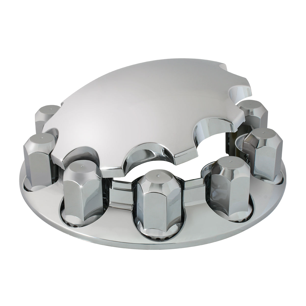 Chrome ABS Plastic Front Axle Cover set w/locking tabs And Round Hub Cap. 10 Hole - (Hex)