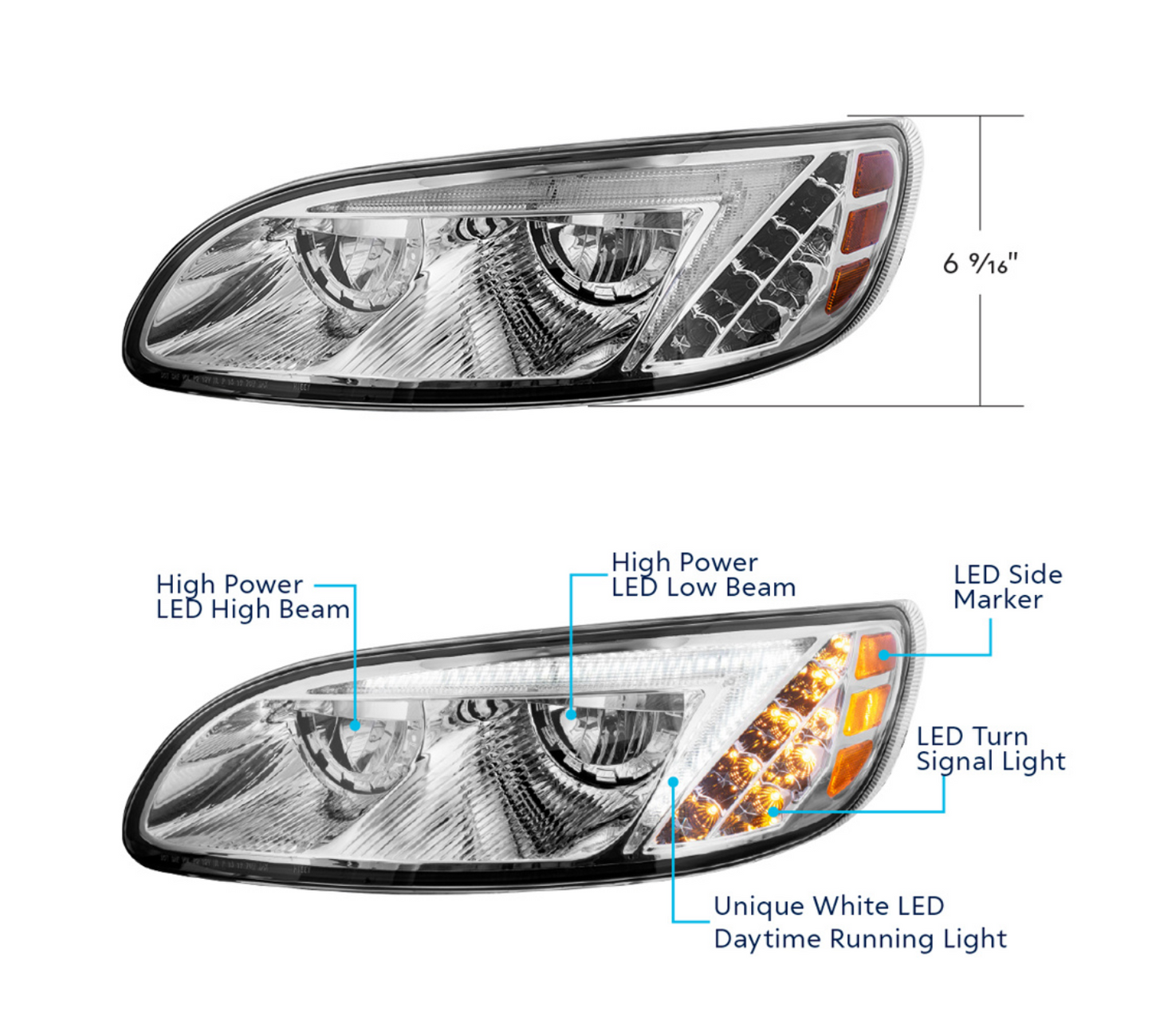 CHROME LED HEADLIGHT FOR PETERBILT 386 (2005-2015) & 387 (1999-2010) / 335 (2005 - 2010) - DRIVER