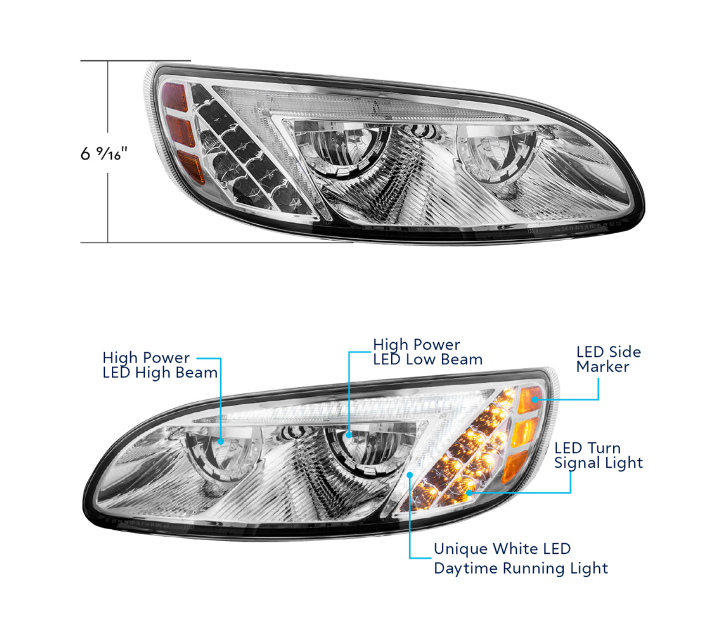 CHROME LED HEADLIGHT FOR PETERBILT 386 (2005-2015) & 387 (1999-2010) / 335 (2005 - 2010) - PASSENGER
