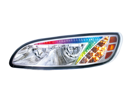 CHROME LED HEADLIGHT WITH COLOR CHANGING POSITION LIGHT BAR FOR PETERBILT 386 (2005-2015) & 387 (1999-2010) / 335 (2005 - 2010) -  DRIVER (OFF ROAD USE ONLY)