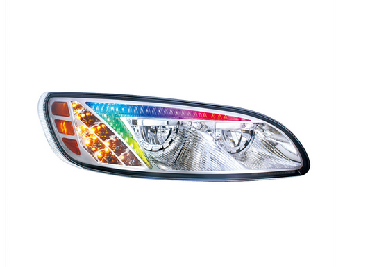 CHROME LED HEADLIGHT WITH COLOR CHANGING POSITION LIGHT BAR FOR PETERBILT 386 (2005-2015) & 387 (1999-2010) / 335 (2005 - 2010) - PASSENGER (OFF ROAD USE ONLY)