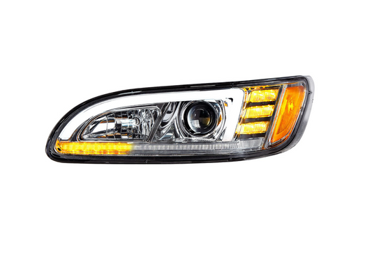 CHROME PROJECTION HEADLIGHT WITH LED SEQUENTIAL TURN & DRL FOR 2005-2015 PETERBILT 386 335 (2005-2010) - DRIVER