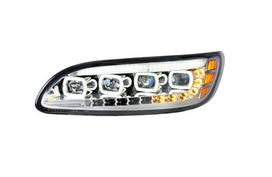 CHROME QUAD-LED HEADLIGHT WITH LED DRL & SEQ. SIGNAL FOR PETERBILT 386 (2005-2015) / 335 (200 - 2010) - DRIVER