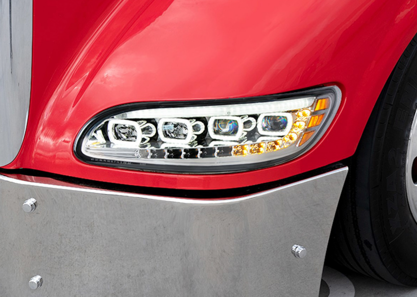 CHROME QUAD-LED HEADLIGHT WITH LED DRL & SEQ. SIGNAL FOR PETERBILT 386 (2005-2015) / 335 (200 - 2010) - DRIVER