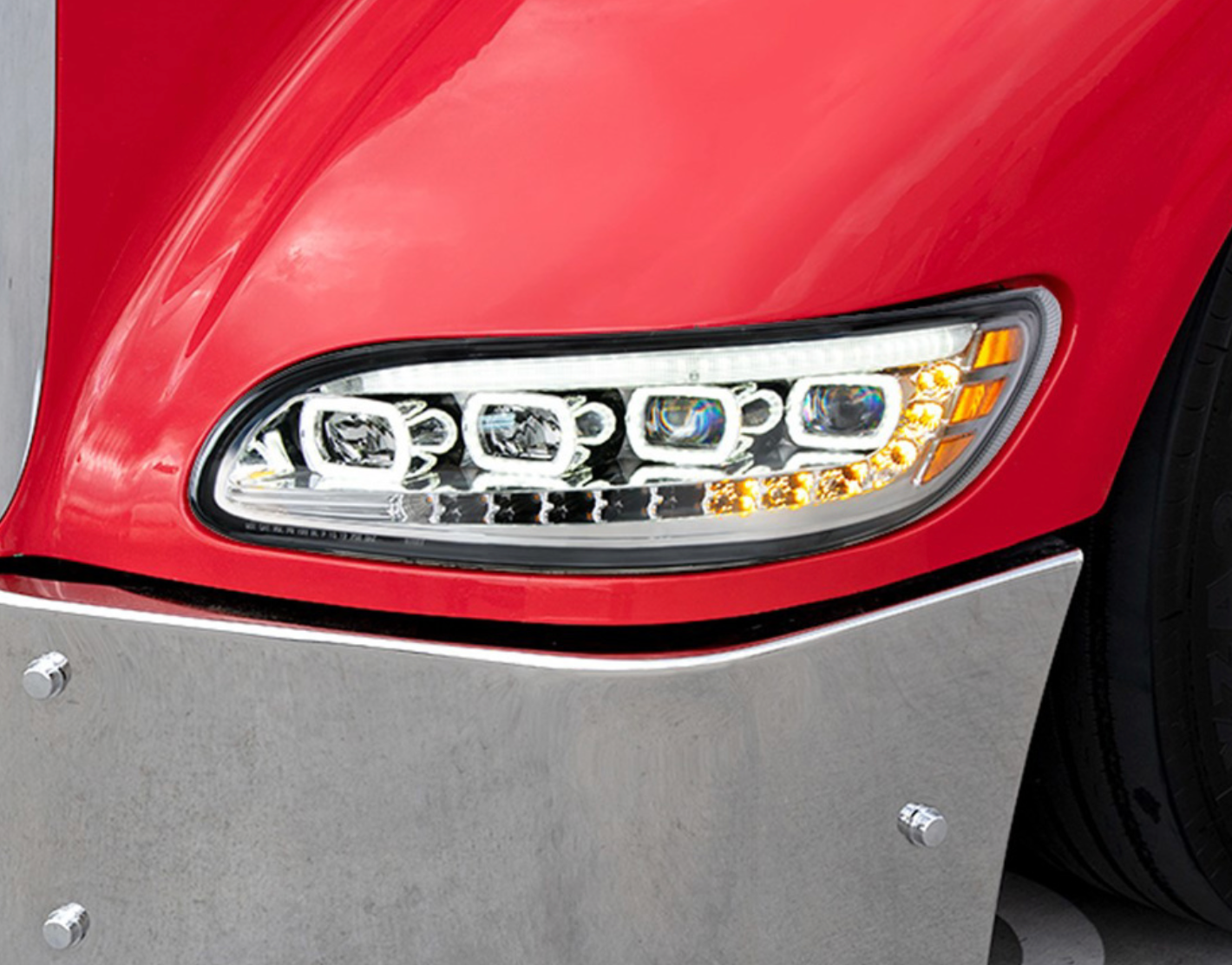 CHROME QUAD-LED HEADLIGHT WITH LED DRL & SEQ. SIGNAL FOR PETERBILT 386 (2005-2015) / 335 (200 - 2010) - PASSENGER