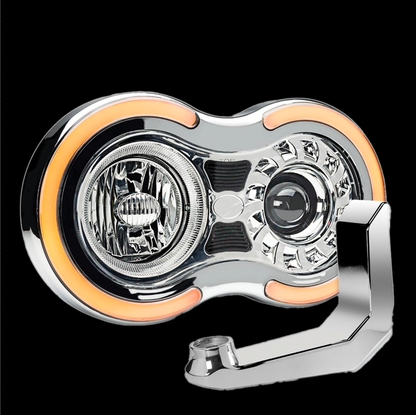 CHROME "RETRO SERIES" HEADLIGHT ASSEMBLY WITH DUAL FUNCTION HALO ACCENTS & MOUNTING BRACKET