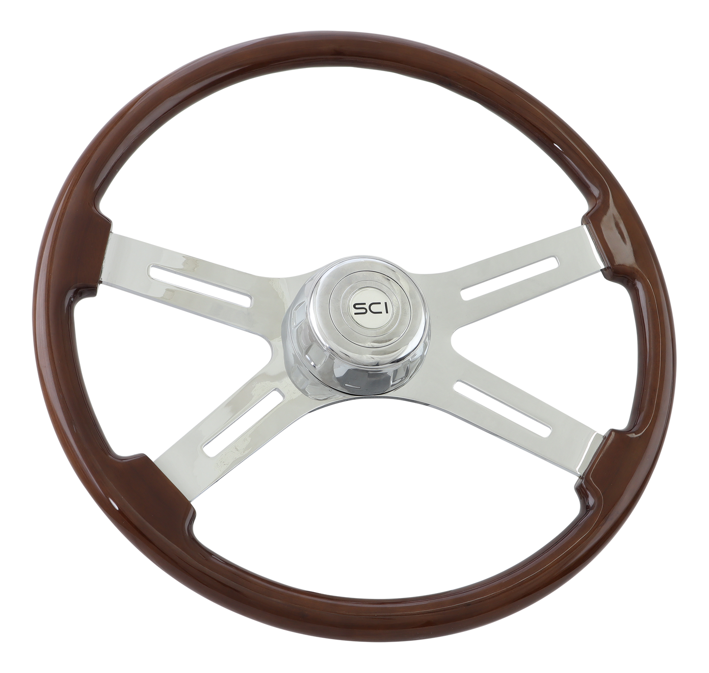 Classic 20" Mahogany  - 20" Wood Rim, Chrome 4-Spoke with Slot Cut Outs, Chrome Bezel, Chrome Horn Button - Logo