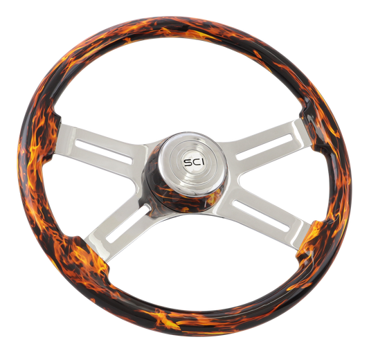 Classic Inferno Red - 18" Printed Wood Rim, Chrome 4-Spoke w/Slot Cut Outs, Matching Bezel, Chrome Horn Button - SCI Logo