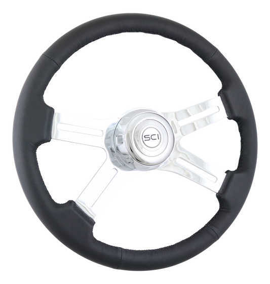 Classic Leather - 18" Black Leather Rim, Chrome 4-Spoke w/Slot Cut Outs, Chrome Bezel, Chrome Horn Button - SCI Logo