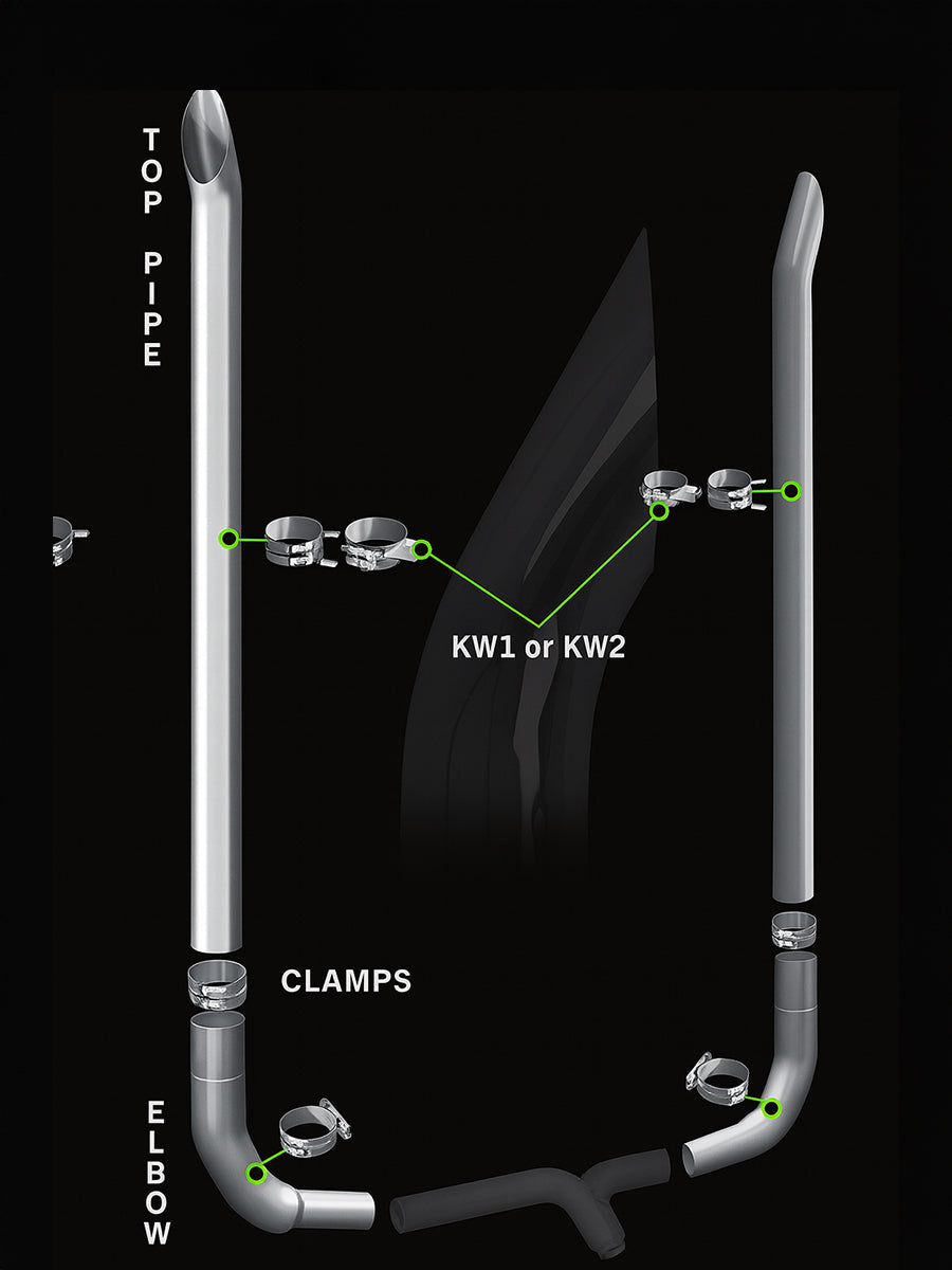 Exhaust Kit 7" DIA x 108" for Kenworth W900L AeroCab w/ 40" Box, OEM Elbow M66-1270