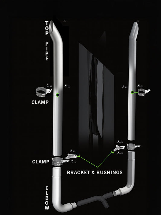 Exhaust Kit NON DPF - 7" DIA x 108" for Peterbilt 359, 379, 389 Glider. Exhaust Elbow 90 Degree Long Drop 7" Reduced to 5"