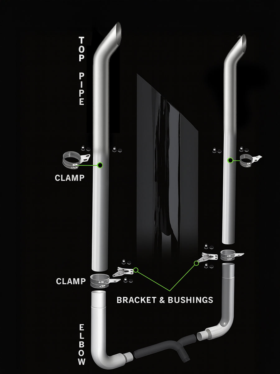 Exhaust Kit NON DPF - 7" DIA x 108" for Peterbilt 359, 379, 389 Glider. Exhaust Elbow 90 Degree Long Drop 7" Reduced to 5"