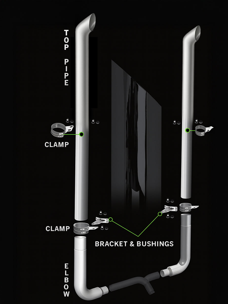 Exhaust Kit NON DPF - 7" DIA x 108" for Peterbilt 359, 379, 389 Glider. Exhaust Elbow 90 Degree Long Drop 7" Reduced to 5"