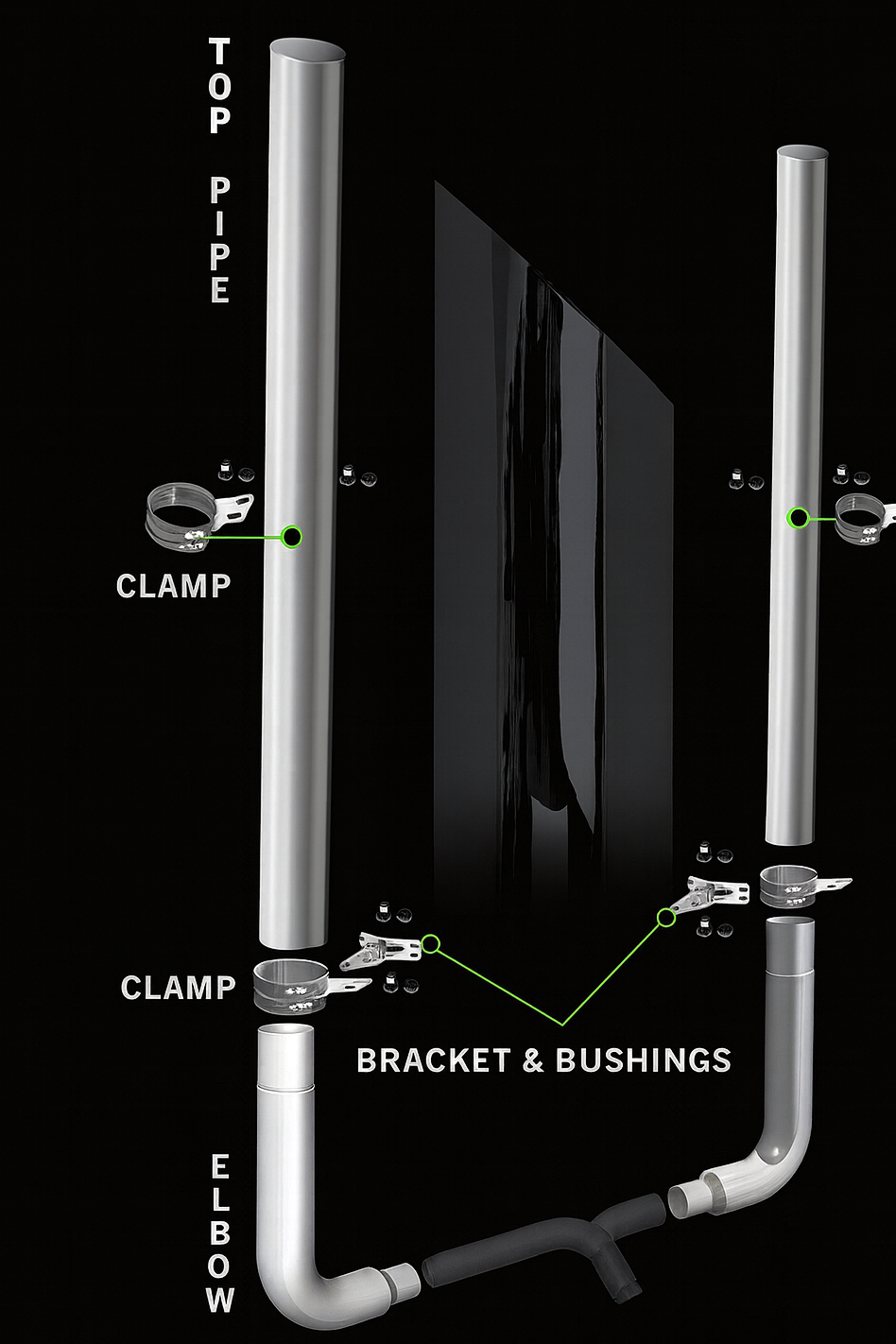 Exhaust Kit NON DPF - 7" DIA x 108" for Peterbilt 359, 379, 389 Glider. Exhaust Elbow 90 Degree Long Drop 7" Reduced to 5"
