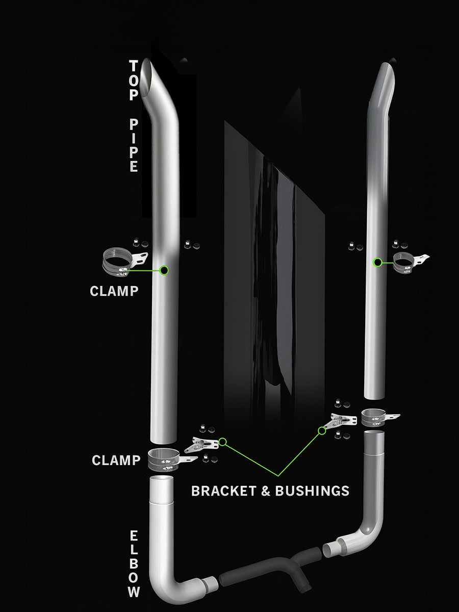 Exhaust Kit NON DPF - 7" DIA x 108" for Peterbilt 359, 379, 389 Glider. Exhaust Elbow 90 Degree Long Drop 7" Reduced to 5"