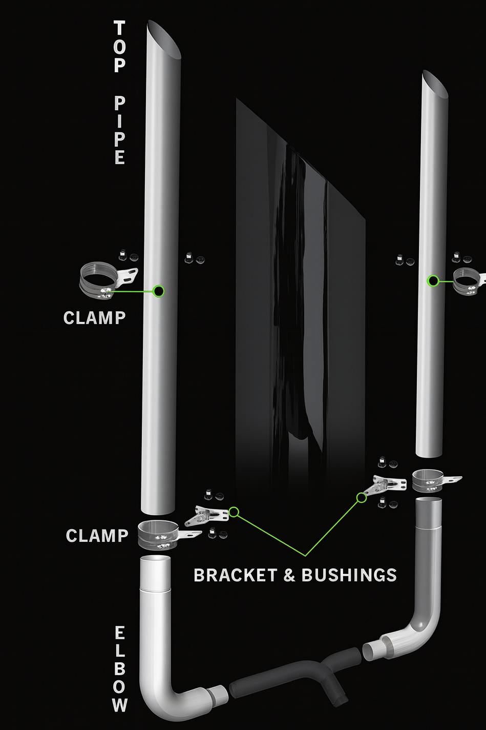 Exhaust Kit NON DPF - 7" DIA x 108" for Peterbilt 359, 379, 389 Glider. Exhaust Elbow 90 Degree Long Drop 7" Reduced to 5"