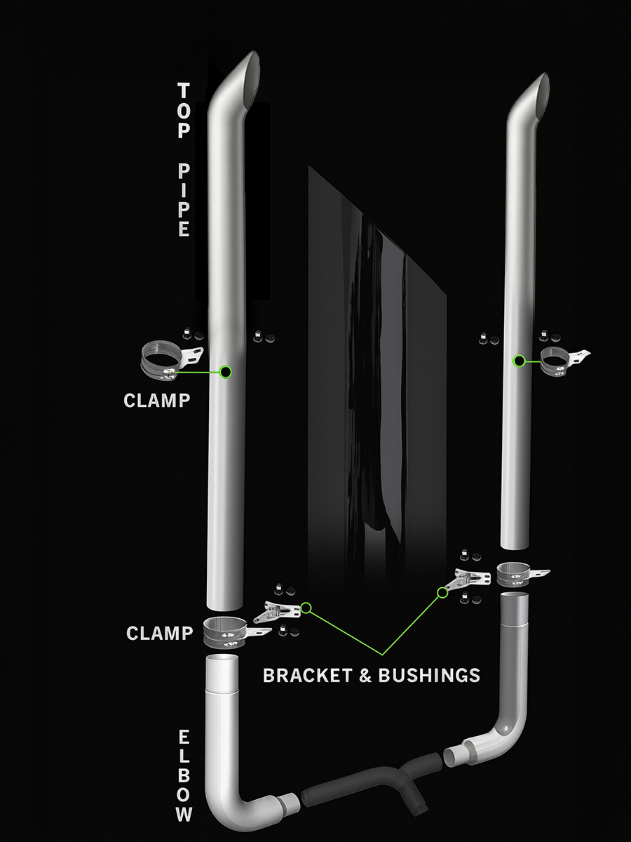 Exhaust Kit NON DPF - 7" DIA x 108" for Peterbilt 359, 379, 389 Glider. Exhaust Elbow 90 Degree Long Drop 7" Reduced to 5"