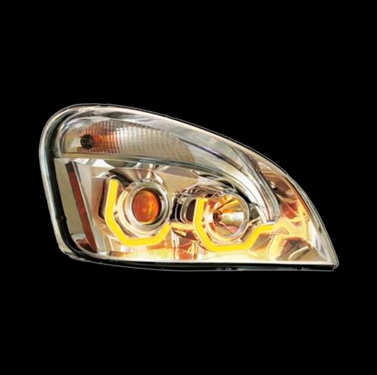 Freightliner Cascadia projection headlight with dual function amber LED light bar