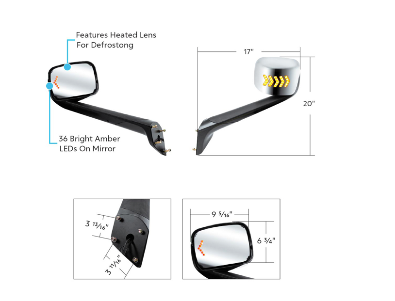 HOOD MIRROR ASSEMBLY W/LED LIGHTS ON MIRROR COVER & GLASS FOR 2018-2025 FREIGHTLINER CASCADIA - HEATED/DRIVER