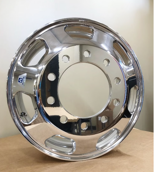 Kenworth Stylized Hub Piloted 22.5'' x 8.25'' on 285.75mm bolt circle (Front). Polished Outside Only (7 holes)