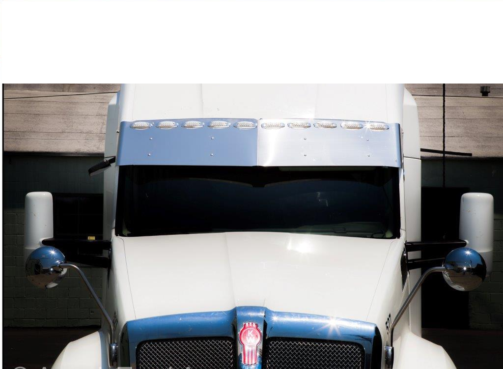 Kenworth T680 And T880 (Mid & High Roof). 2015 And Newer. 15” Drop Visor With 10 Rectangular clearance marker light holes Horizontally Across the Top Evenly Spaced