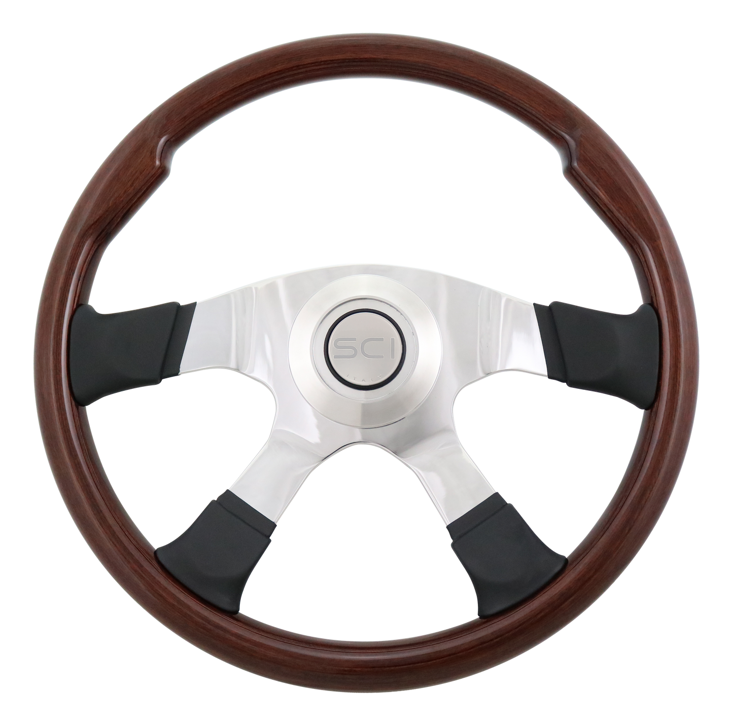 Milestone - 18" Mahogany Rim, Black Leather Spats, Pol. Alum. 4-Spoke, Halo Pad, SCI Horn Button - Silver