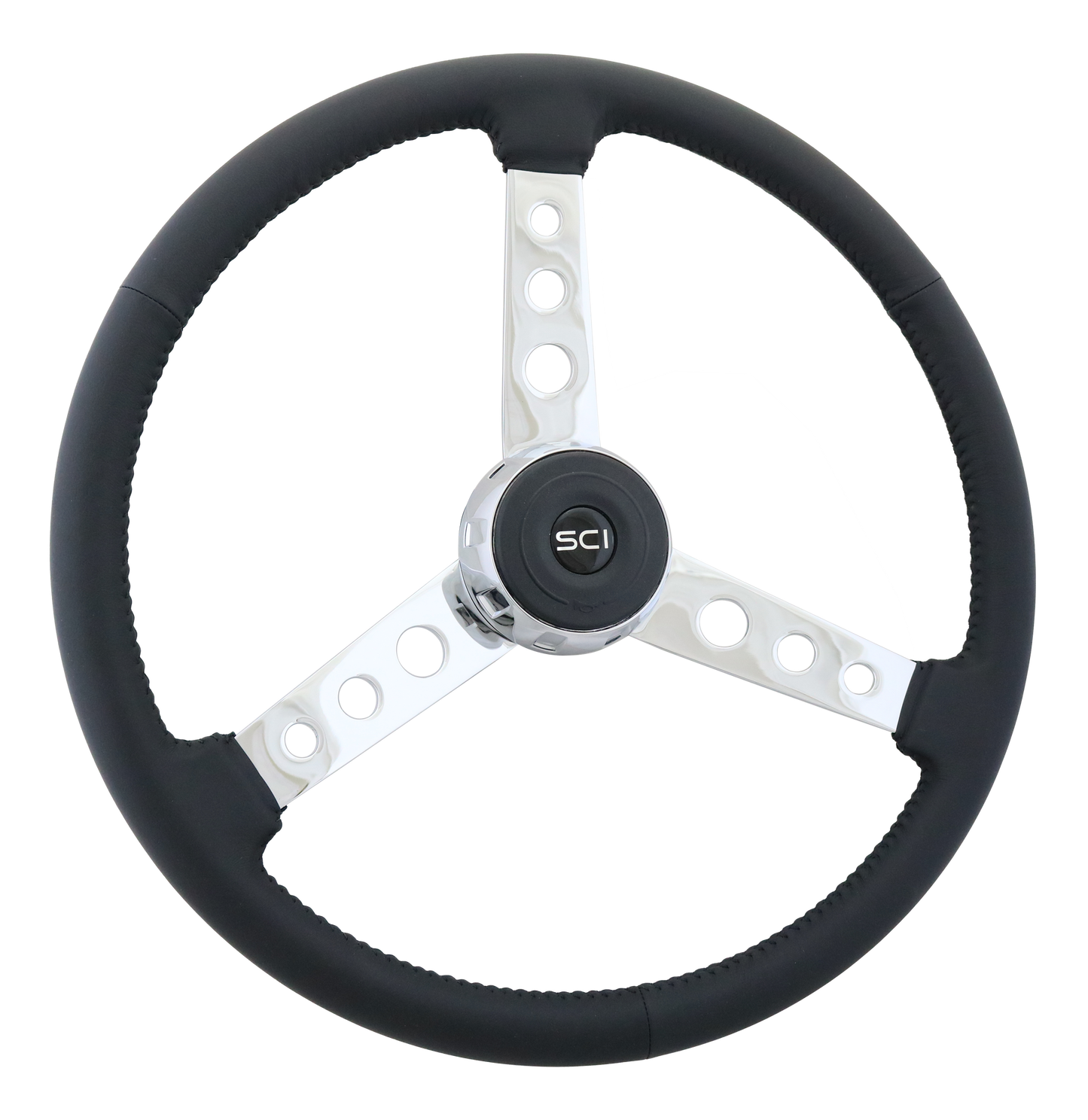 Old School - 20" Black Leather Rim, Chrome 3-Spoke w/Round Cut Outs, Chrome Bezel, Black Horn Button - Black SCI Logo