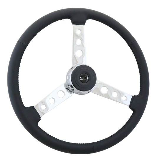 Old School - 20" Black Leather Rim, Chrome 3-Spoke w/Round Cut Outs, Chrome Bezel, Black Horn Button - Black SCI Logo