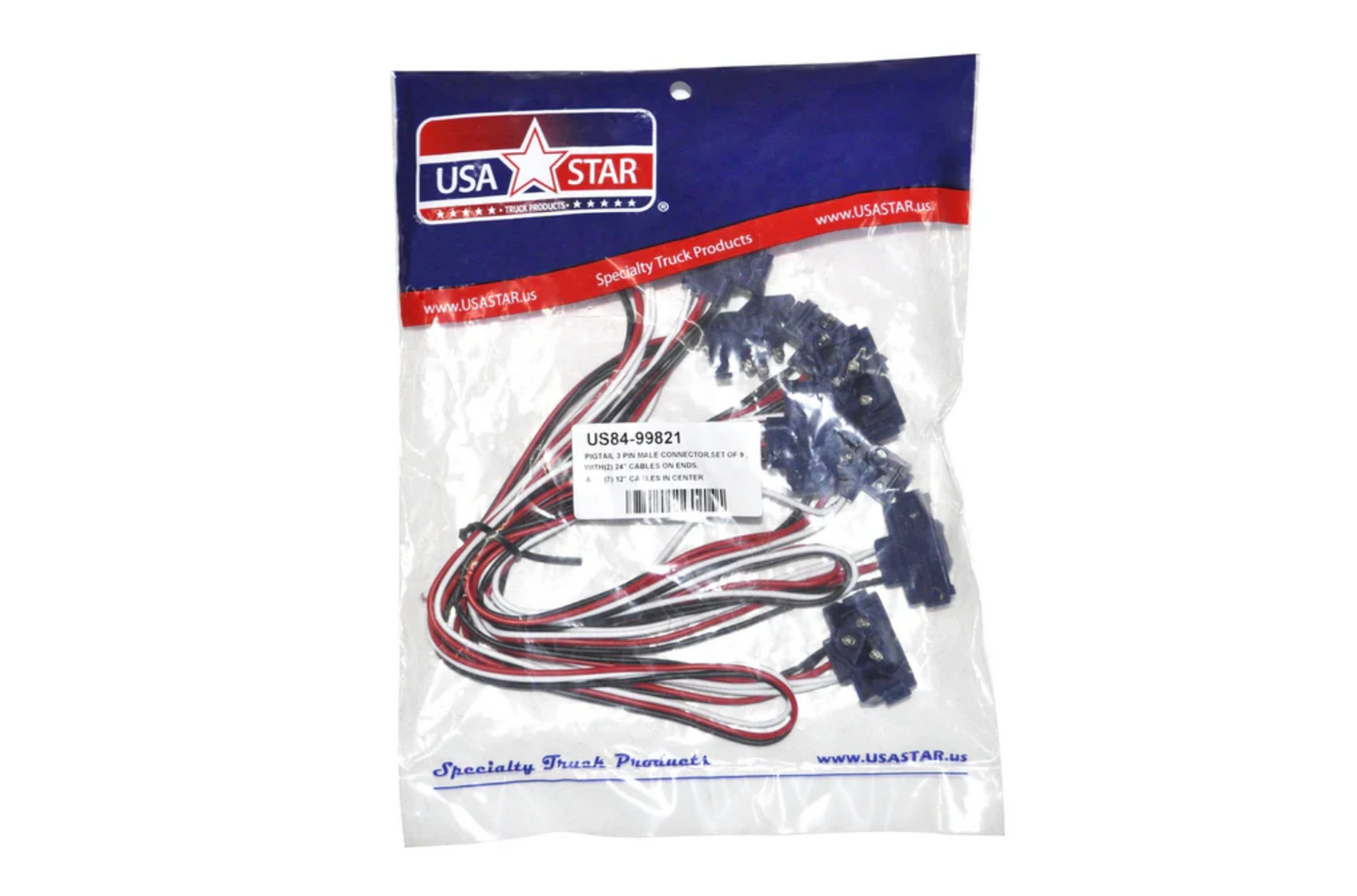 Pigtail 3 Prong Connector Set Of 9 ,With (2) 24” Cables On Ends,And (7) 12” Cables In Center