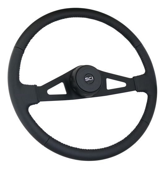 Pinion Leather - 20" Black Leather Rim, Black 2-Spoke w/Triangle Cut Outs, Blk Bezel, Blk Horn Button w/Black SCI Logo
