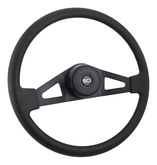Pinion Poly BL - 18" Polyurethane Rim, Black 2-Spoke w/Triangle Cut Outs, Black Textured Bezel, Black Horn Button - Black SCI Logo