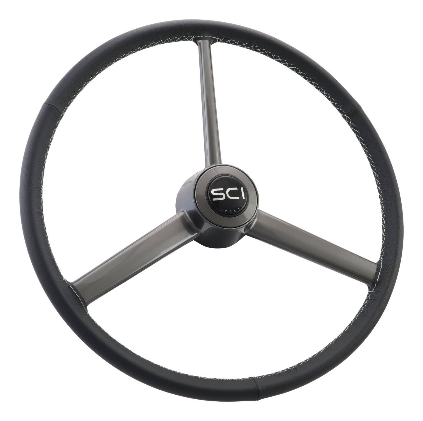 Retro Leather - 20" Black Leather Rim, Gun Metal Look 3-Spoke, Gun Metal Look Ring, SCI Horn Button - Black