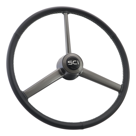 Retro Leather - 20" Black Leather Rim, Gun Metal Look 3-Spoke, Gun Metal Look Ring, SCI Horn Button - Black