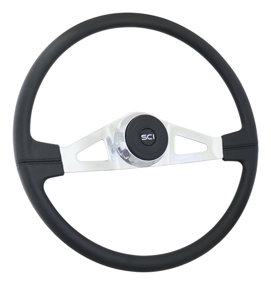 Rogers - 20" Black Leather Rim, Chrome 2-Spoke with Slot Cut Outs, Chrome Bezel, Black Horn Button w/Black SCI Logo