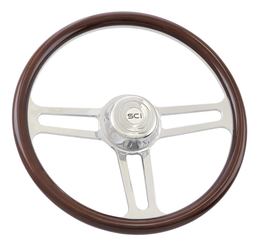 Speed Racer - 18" Half Wrap Billet Chrome Sloted Aluminum 3-Spoke Wheel w/ 18" Wood Rim, Chrome Bezel, Chrome Horn Button - SCI Logo