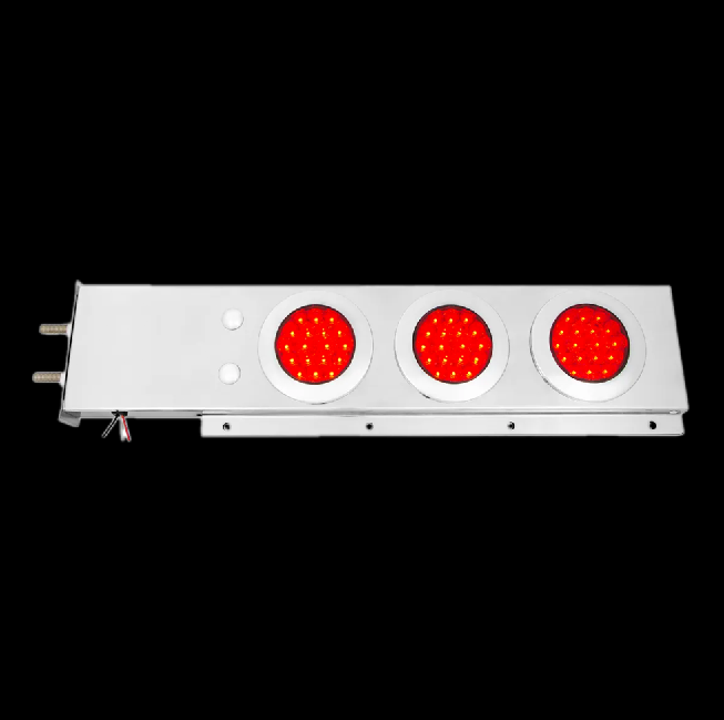 Stainless Steel Spring Loaded Mud Flap Hanger Two Piece Rear Light Bar W/ 4″ Fleet Leds & Chrome Bezels. Clear/Red (Pair)