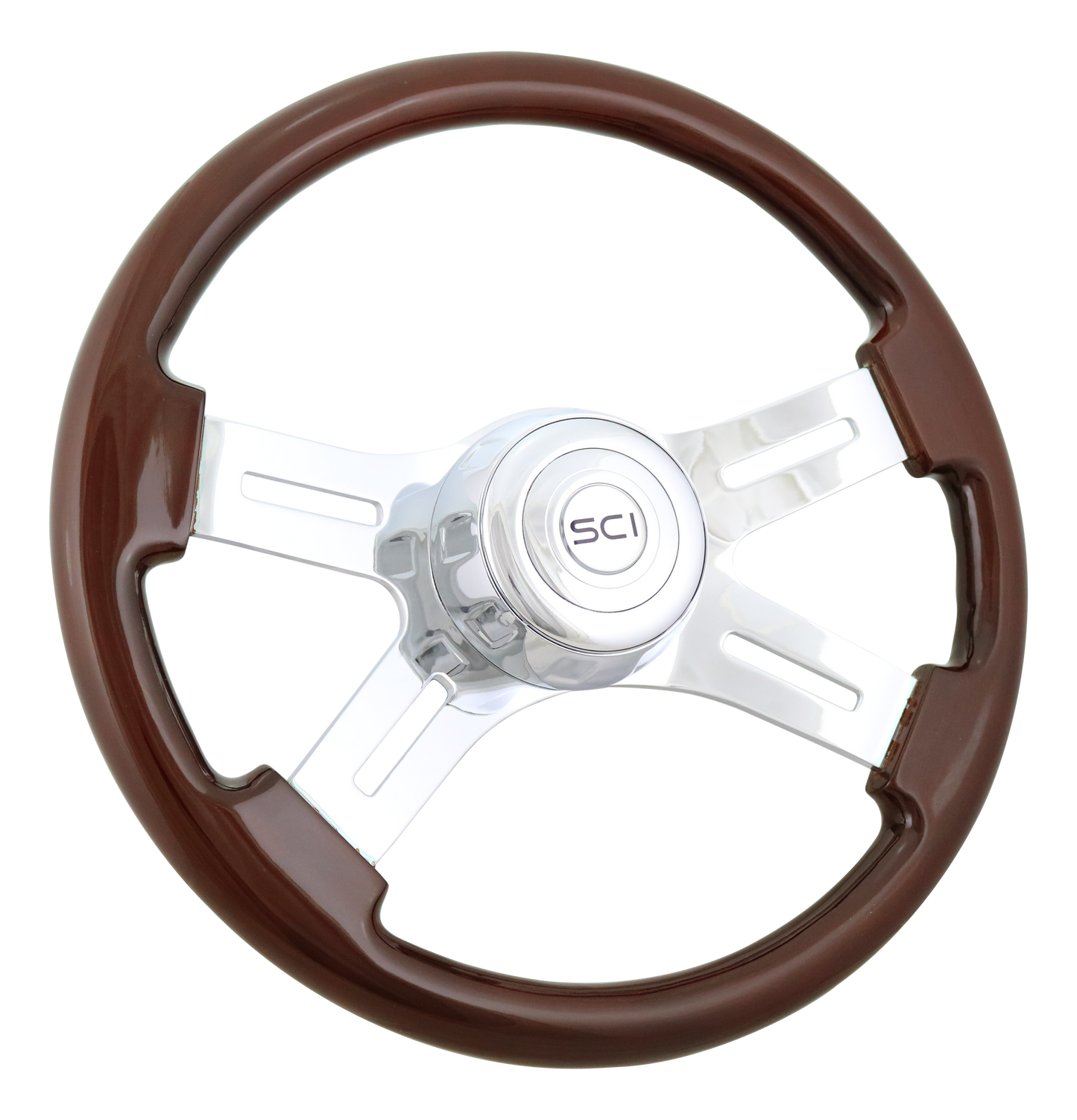 Steering Wheel 16" Classic Mahogany Wood Rim, Chrome 4-Spoke w/Slot Cut Outs, Chrome Bezel, Chrome Horn Button