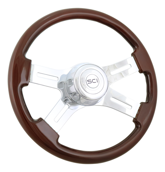 Steering Wheel 16" Classic Mahogany Wood Rim, Chrome 4-Spoke w/Slot Cut Outs, Chrome Bezel, Chrome Horn Button