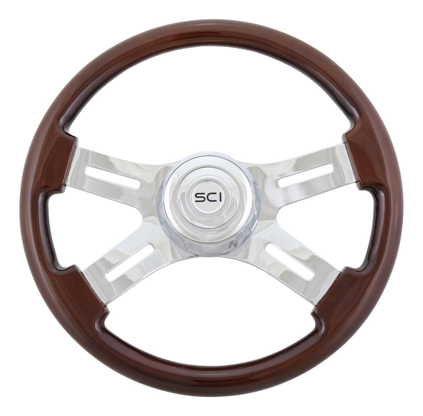 Steering Wheel 16" Classic Mahogany Wood Rim, Chrome 4-Spoke w/Slot Cut Outs, Chrome Bezel, Chrome Horn Button