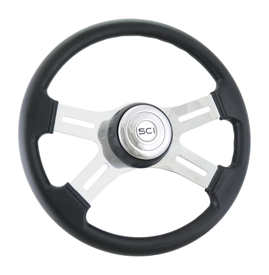 Steering Wheel 16" Classic Polyurethane Rim, Chrome 4-Spoke w/Slot Cut Outs Steering Wheel, Black Textured Bezel, Chrome Horn Button-Silver Logo