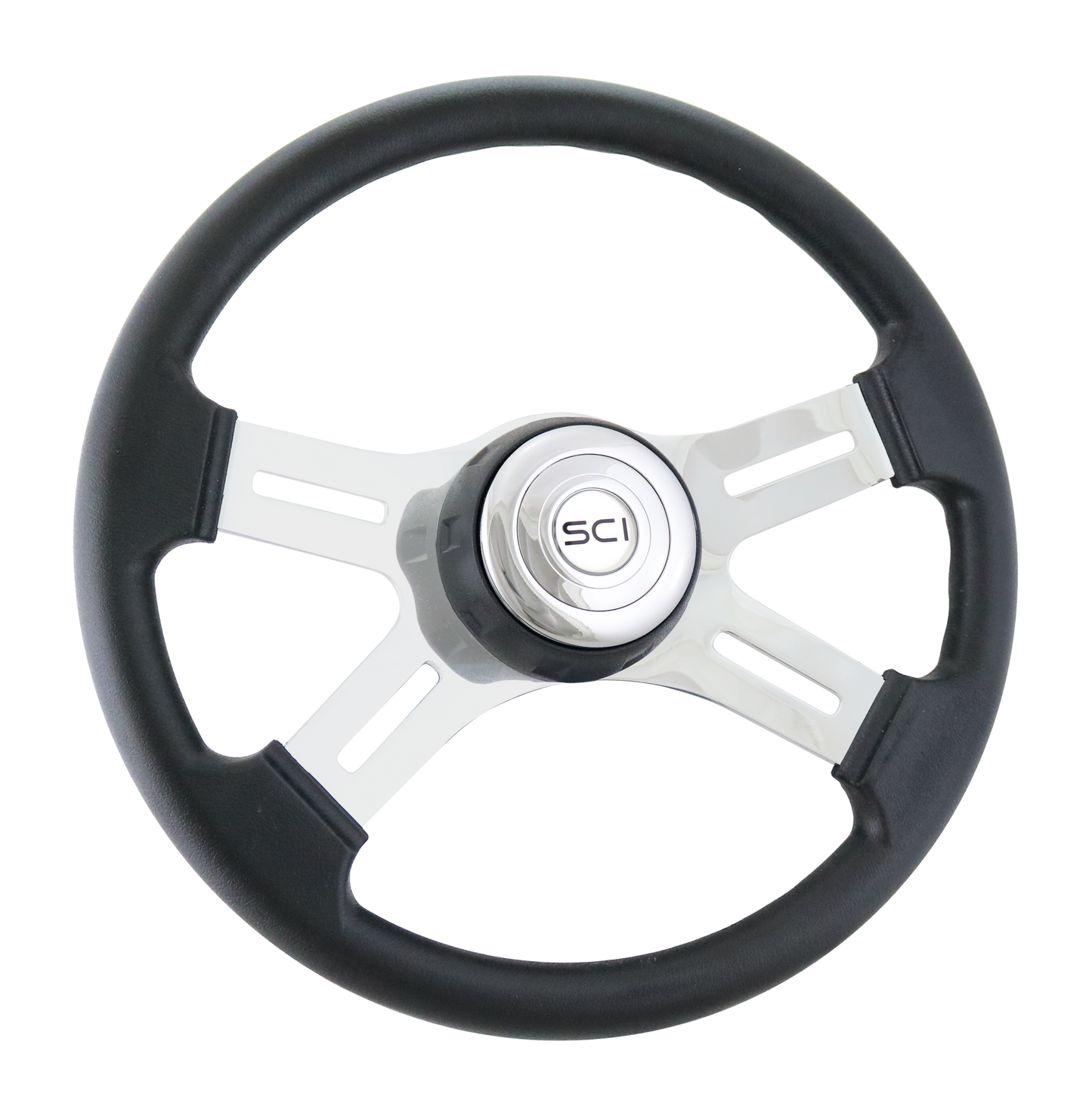 Steering Wheel 16" Classic Polyurethane Rim, Chrome 4-Spoke w/Slot Cut Outs Steering Wheel, Black Textured Bezel, Chrome Horn Button-Silver Logo