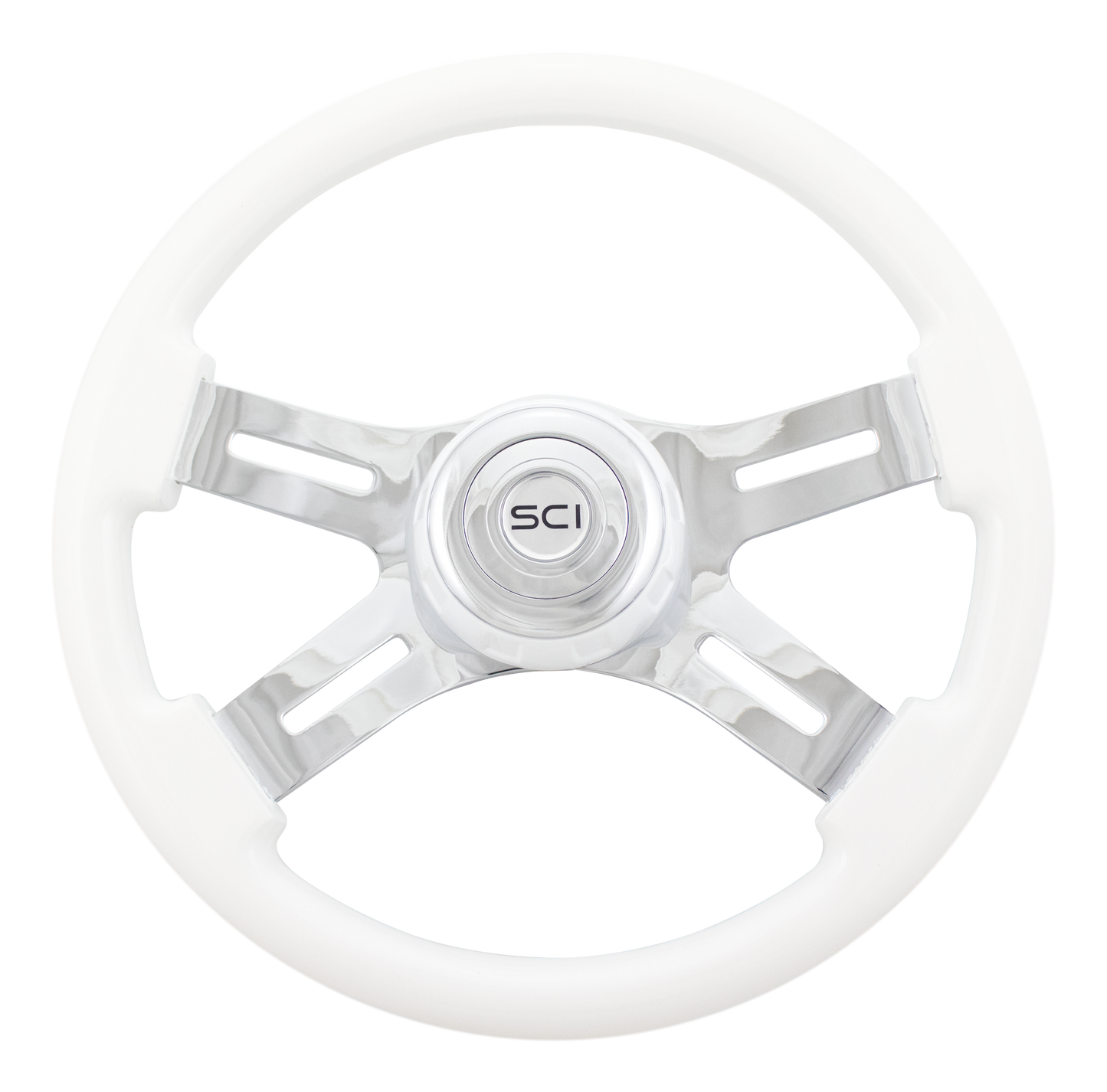 Steering Wheel 16" Classic White Steering Wheel - Painted Wood Rim, Chrome 4-Spoke w/Slot Cut Outs, White Bezel, Chrome Horn Button