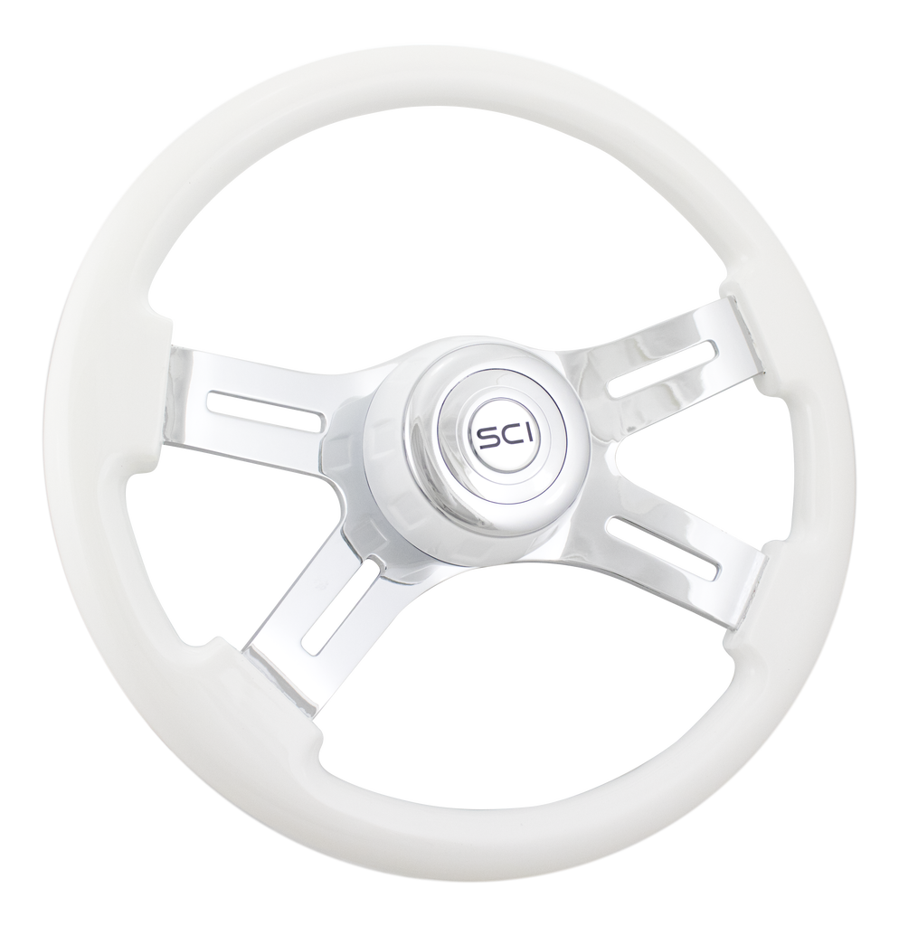 Steering Wheel 16" Classic White Steering Wheel - Painted Wood Rim, Chrome 4-Spoke w/Slot Cut Outs, White Bezel, Chrome Horn Button