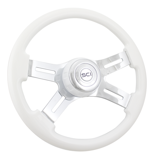 Steering Wheel 16" Classic White Steering Wheel - Painted Wood Rim, Chrome 4-Spoke w/Slot Cut Outs, White Bezel, Chrome Horn Button