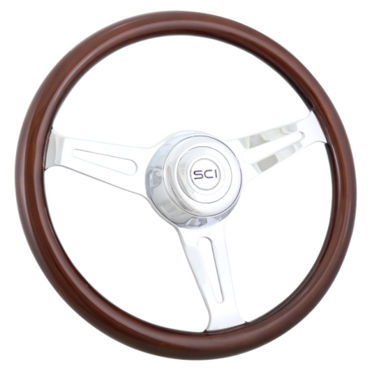 Steering Wheel 16" Dart - Wood Rim, Chrome 3-Spoke w/Slot Cut Outs, Chrome Bezel, Chrome Horn Button