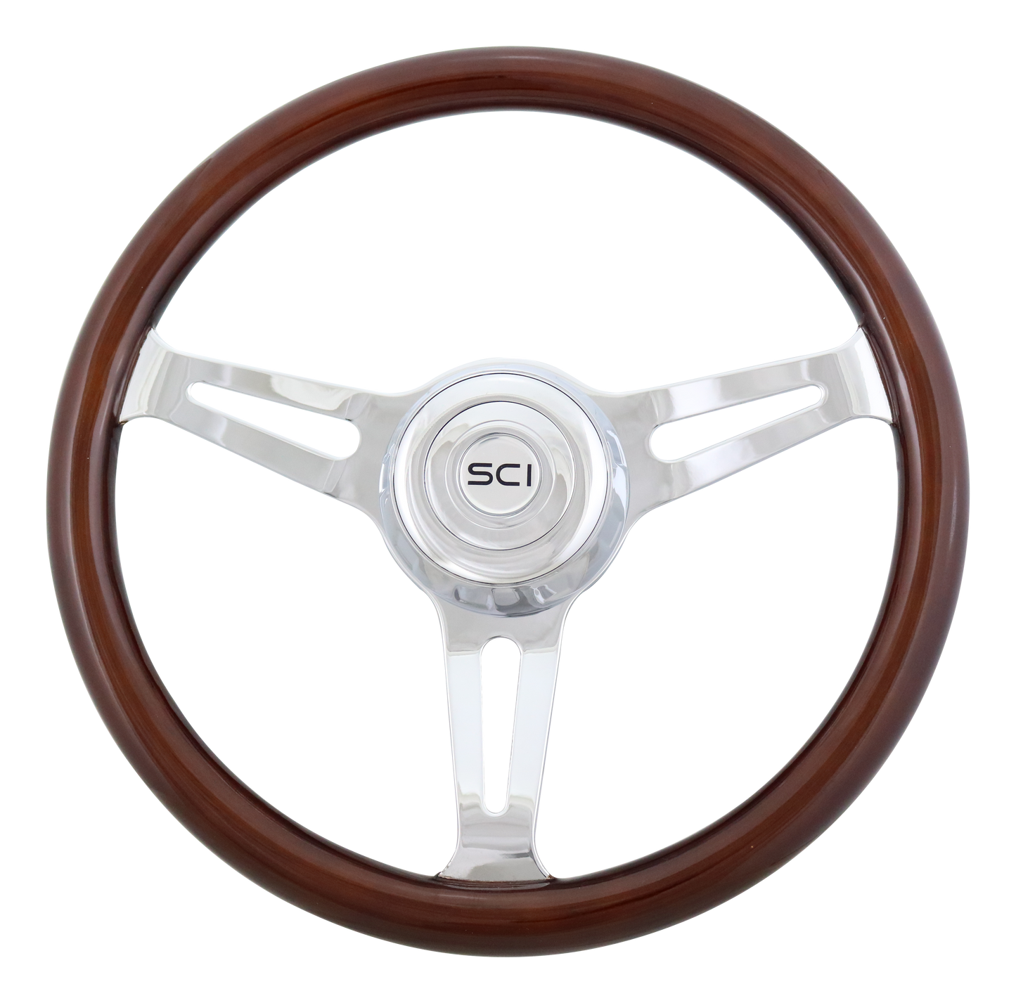 Steering Wheel 16" Dart - Wood Rim, Chrome 3-Spoke w/Slot Cut Outs, Chrome Bezel, Chrome Horn Button