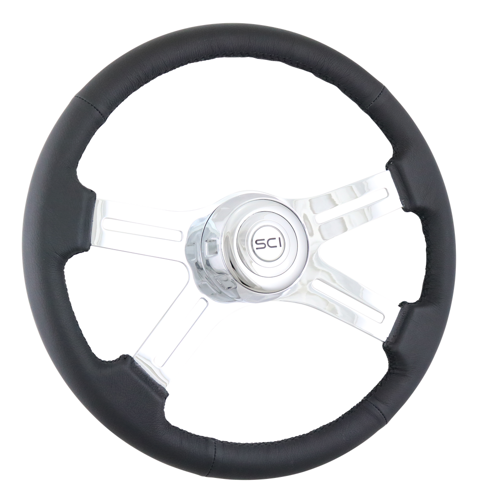 Steering Wheel 18" Black Leather Rim, Chrome 4-Spoke w/Slot Cut Outs, Chrome Bezel, Chrome Horn Button - Logo