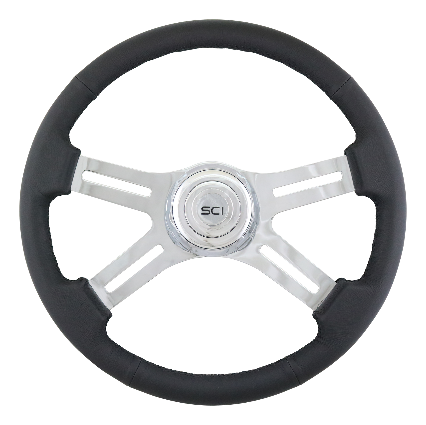 Steering Wheel 18" Black Leather Rim, Chrome 4-Spoke w/Slot Cut Outs, Chrome Bezel, Chrome Horn Button - Logo