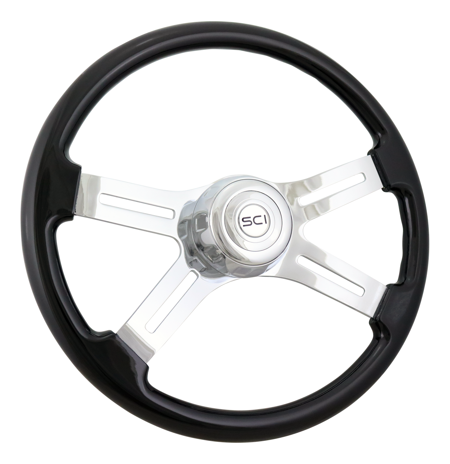 Steering Wheel 18" Classic Black, Chrome 4-Spoke, Chrome 4-Spoke w/ Slot Cut Outs.